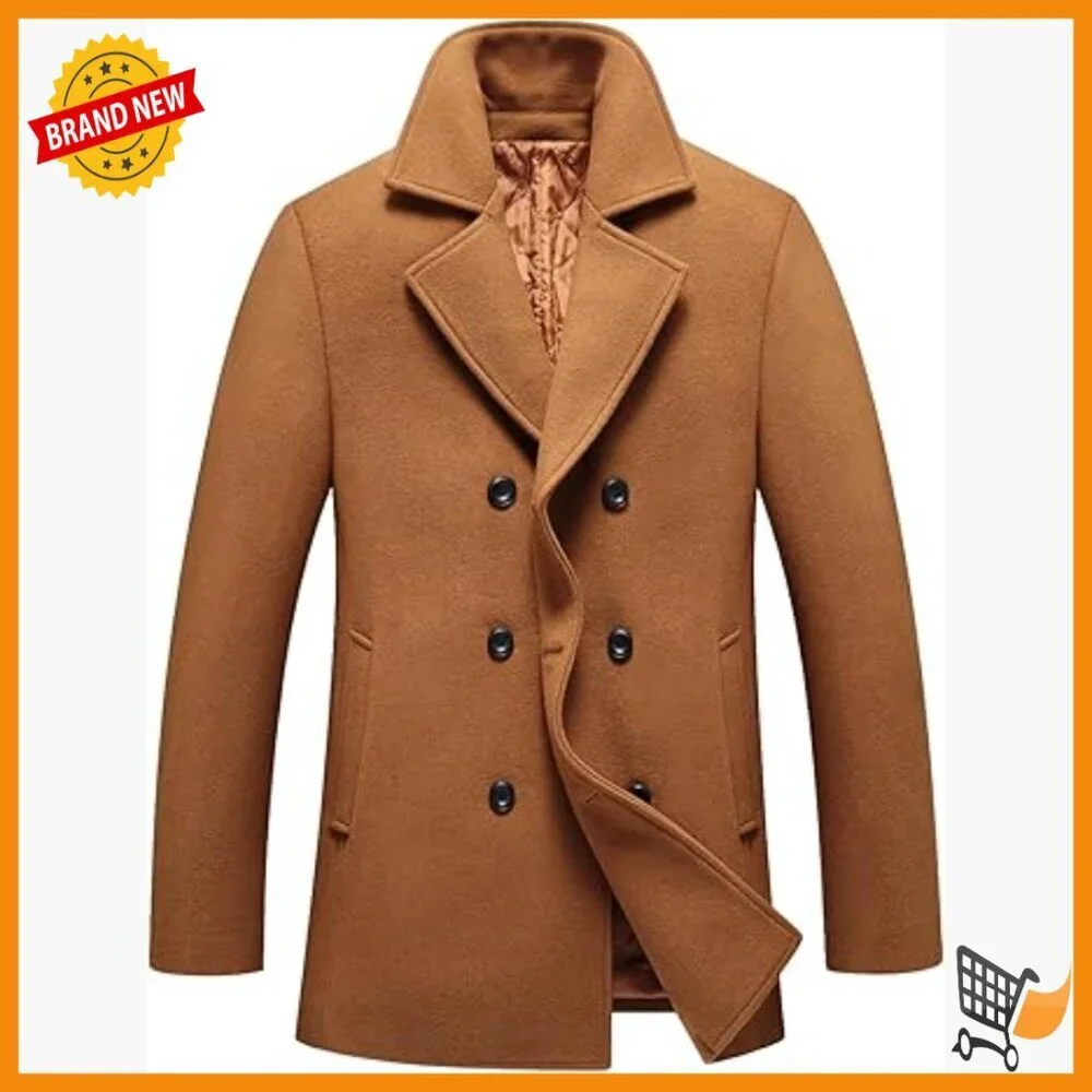 Slim Fit Wool Blend Pea Coat Double Breasted Winter Overcoat Long Sleeve